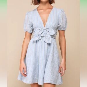Lulus Light Blue Striped Bow Puff Sleeve Mini Dress